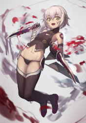 Rule 34 | 1girl, aito, bandaged arm, bandages, bare shoulders, black panties, black thighhighs, blood, blood on face, blush, breasts, commentary request, dagger, dual wielding, fate/apocrypha, fate/grand order, fate (series), gloves, green eyes, hair between eyes, highres, holding, holding dagger, holding knife, holding weapon, jack the ripper (fate/apocrypha), knife, looking at viewer, navel, open mouth, panties, scar, scar across eye, scar on face, short hair, silver hair, solo, tattoo, thighhighs, underwear, weapon