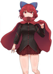 Rule 34 | 1girl, black shirt, blouse, blue bow, blue nails, blush, bow, breasts, chups, cloak, closed mouth, feet out of frame, fingernails, hair bow, highres, long sleeves, medium breasts, nail polish, pleated skirt, red cloak, red eyes, red hair, red skirt, sekibanki, shirt, short hair, simple background, skirt, solo, touhou, white background