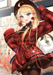 Rule 34 | 1girl, absurdres, ahoge, azur lane, bag, black pantyhose, blonde hair, blue eyes, blue nails, city, dress, gradient hair, hair ornament, hairclip, halterneck, handbag, highres, howe (azur lane), howe (noble rouge) (azur lane), jewelry, long sleeves, looking at viewer, multicolored hair, multicolored nails, nail polish, necklace, official alternate costume, open mouth, outdoors, pantyhose, plaid, plaid dress, red dress, red nails, smile, solo, teeth, thigh strap, tsuri pi, upper teeth only, waving, white nails