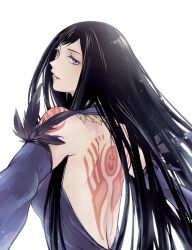 Rule 34 | 1girl, back tattoo, backless outfit, bare shoulders, black hair, blue eyes, breasts, castlevania (series), castlevania: order of ecclesia, dress, grel (r6hgvu5), long hair, looking at viewer, medium breasts, shanoa, simple background, smile, solo, tattoo, very long hair, white background
