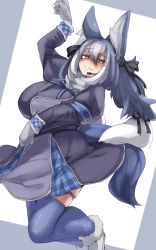 Rule 34 | 1girl, absurdres, animal costume, animal ear fluff, animal ears, blazer, blue hair, dire wolf (kemono friends), gloves, highres, jacket, jumping, kemono friends, kemono friends v project, kneehighs, long hair, looking at viewer, microphone, ribbon, simple background, skirt, socks, solo, tail, twintails, urisaba, virtual youtuber, wolf ears, wolf girl, wolf tail