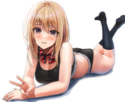 Rule 34 | 1girl, ass, bare arms, bare shoulders, black panties, black socks, black sports bra, blonde hair, blush, bow, bowtie, breasts, brown eyes, cleavage, commentary request, feet up, hair between eyes, highres, kneehighs, large breasts, long hair, looking at viewer, lying, no shoes, on stomach, original, panties, parted lips, shadow, simple background, smile, socks, solo, sports bra, striped bow, striped bowtie, striped clothes, the pose, underwear, v, white background, yukemuriganmo
