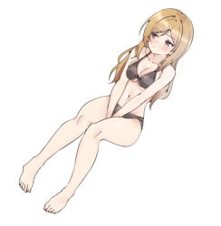 Rule 34 | 1girl, aa211108, bare arms, bare legs, bare shoulders, barefoot, bikini, black bikini, blonde hair, blush, breasts, collarbone, dot mouth, dot nose, dutch angle, full body, hands on own crotch, idolmaster, idolmaster million live!, idolmaster million live! theater days, large breasts, long hair, looking to the side, momose rio, navel, parted bangs, shy, sidelocks, simple background, sitting, solo, straight hair, swimsuit, white background