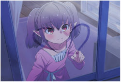 Rule 34 | 1girl, ahoge, blush, border, carpet, collarbone, commentary request, condensation, curtains, dress, finger writing, from outside, glass writing, grey hair, heart, highres, looking outside, makaino ririmu, medium hair, nijisanji, pointy ears, sabamen, smile, solo, twintails, upper body, virtual youtuber, white border, window, window fog
