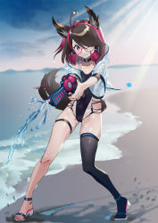 Rule 34 | 1girl, ;), ahoge, animal ear fluff, animal ears, black choker, black one-piece swimsuit, blurry, blurry background, brown hair, casual one-piece swimsuit, choker, closed mouth, cloud, collarbone, commentary request, copyright request, depth of field, fang, fang out, full body, glasses, high heels, highres, holding, hood, hood down, hooded jacket, jacket, liyou-ryon, looking at viewer, multicolored hair, one-piece swimsuit, one eye closed, open clothes, open jacket, outdoors, pink hair, red-framed eyewear, red eyes, sandals, see-through, semi-rimless eyewear, short sleeves, sidelocks, single thighhigh, skindentation, sky, smile, solo, standing, streaked hair, sunlight, sunset, swimsuit, swimsuit under clothes, tail, thigh strap, thighhighs, two-handed, under-rim eyewear, virtual youtuber, water, water gun, wet, white footwear, wide sleeves