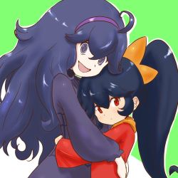 Rule 34 | 2girls, :d, @ @, ashley (warioware), big hair, black hair, closed mouth, creatures (company), crossover, detesu, dot nose, dress, female focus, game freak, green background, hair between eyes, hairband, hex maniac (pokemon), hug, long hair, long sleeves, looking at viewer, matching hair/eyes, multiple girls, nintendo, npc trainer, open mouth, orange hairband, pokemon, pokemon xy, purple dress, purple eyes, purple hair, purple hairband, red dress, red eyes, sidelocks, size difference, smile, twintails, warioware, witch
