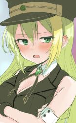 Rule 34 | 1girl, alina gray, black hat, black vest, blonde hair, blush, breasts, cleavage, collar, crossed arms, detached collar, green eyes, green hair, hair between eyes, hat, kanechitomoyo, large breasts, long hair, magia record: mahou shoujo madoka magica gaiden, magical girl, mahou shoujo madoka magica, multicolored hair, open mouth, peaked cap, puffy short sleeves, puffy sleeves, short sleeves, sidelocks, solo, streaked hair, upper body, vest, white collar, white sleeves