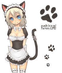 Rule 34 | 1girl, animal ears, arms behind back, player character (mabinogi), bad id, bad pixiv id, blonde hair, blue eyes, blush, bow, bowtie, breasts, cat ears, cat tail, cleavage, highres, looking at viewer, mabinogi, maid, maid headdress, miyamae porin, paw print, smile, solo, tail, thighhighs, white thighhighs