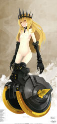 Rule 34 | 10s, 1girl, black rock shooter, blonde hair, chariot (black rock shooter), claws, crown, flat chest, hao (patinnko), highres, long hair, mecha musume, mechanical legs, navel, nipples, nude, pussy, solo, uncensored, wheel, yellow eyes