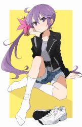 Rule 34 | 1girl, akebono (kancolle), alternate costume, bell, black jacket, blue shorts, collarbone, cutoffs, full body, grey shirt, hair bell, hair ornament, highres, jacket, jingle bell, kantai collection, long hair, long sleeves, looking at viewer, nel-c, open clothes, open jacket, purple eyes, purple hair, shirt, shoes, shorts, side ponytail, sitting, sneakers, socks, solo, v-shaped eyebrows, very long hair, white footwear, white socks, zipper, zipper pull tab