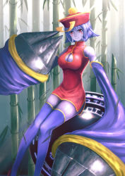Rule 34 | 1girl, bad id, bad pixiv id, bamboo, bamboo forest, blue hair, blue skin, blush, blush stickers, breasts, capcom, chinese clothes, claws, cleavage, cleavage cutout, clothing cutout, colored skin, flipped hair, forest, hat, highres, jiangshi, large breasts, lei lei, nature, qingdai guanmao, red eyes, short hair, thighhighs, vampire (game), yazuwo