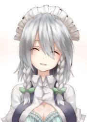 Rule 34 | 1girl, bow, bra, braid, breasts, closed eyes, facing viewer, gradient background, hair bow, hair ornament, head tilt, izayoi sakuya, large breasts, maid headdress, open clothes, open mouth, open shirt, shirt, short hair, short sleeves, silver hair, simple background, smile, solo, tauta (meshia8787), touhou, twin braids, underwear, upper body