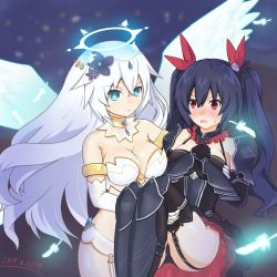Rule 34 | 2girls, aqua eyes, bare shoulders, black hair, black heart (neptunia), blush, breasts, carrying, cleavage, closed mouth, commentary request, dated, embarrassed, expressionless, feathered wings, feathers, flow, flower, four goddesses online: cyber dimension neptune, garter straps, hair between eyes, hair flower, hair ornament, hair ribbon, haki, highres, jewelry, long hair, medium breasts, multiple girls, neptune (series), noire (neptunia), open mouth, princess carry, red eyes, ribbon, rkaode14, symbol-shaped pupils, thighhighs, twintails, very long hair, wings