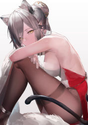 Rule 34 | 1girl, animal ear fluff, animal ears, anklet, arknights, arm rest, back, backless dress, backless outfit, black tail, blazpu, breasts, covered mouth, dress, earclip, earrings, extra ears, feet out of frame, from side, grey background, grey dress, grey hair, hair over one eye, highres, jewelry, knees, knees up, large breasts, legs, long bangs, looking at viewer, looking to the side, multicolored clothes, multicolored dress, pantyhose, schwarz (arknights), sitting, solo, strapless, strapless dress, swept bangs, tail, thighband pantyhose, thighs, yellow eyes