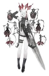 Rule 34 | 1girl, albino, black footwear, bridal garter, colored eyelashes, colored skin, detached sleeves, full body, greatsword, hair over one eye, hand up, high collar, highres, holding, holding weapon, looking at viewer, open mouth, original, red eyes, short hair, simple background, solo, standing, sword, tagme, toriseka, weapon, weapon behind back, white background, white hair, white skin