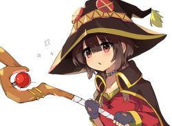 Rule 34 | 1girl, bandages, black gloves, black hat, blush, brown hair, collarbone, commentary request, dress, fingerless gloves, gloves, hair between eyes, hat, highres, holding, holding staff, houjichaoic, kono subarashii sekai ni shukufuku wo!, long sleeves, megumin, orb, parted lips, red dress, red eyes, simple background, sleeves past wrists, solo, staff, upper body, white background, witch hat
