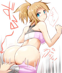 Rule 34 | !?, 10s, 1girl, ass, assisted exposure, bad id, bad pixiv id, bare shoulders, bike shorts, blonde hair, blue eyes, breasts, brown hair, clothes pull, from behind, gundam, gundam build fighters, gundam build fighters try, hoshino fumina, huge ass, looking back, male hand, mizuyan, no panties, pants, pantsing, ponytail, pulling another&#039;s clothes, short hair, short ponytail, shorts, shorts pull, solo focus, standing, tank top, undressing
