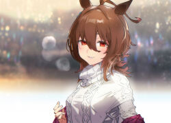 Rule 34 | 1girl, absurdres, agnes tachyon (umamusume), ahoge, alternate costume, animal ears, blurry, blurry background, bokeh, breasts, depth of field, hair between eyes, highres, horse ears, light blush, long hair, parted lips, red eyes, small breasts, solo, sweater, turtleneck, turtleneck sweater, umamusume, upper body, white sweater, yanyo (ogino atsuki)