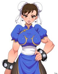 Rule 34 | 1girl, absurdres, black legwear, bracelet, breasts, brown eyes, brown hair, capcom, chinese clothes, chun-li, double bun, earrings, hair bun, hand on own hip, highres, jewelry, large breasts, lips, looking at viewer, short hair, simmsy, simple background, solo, spiked bracelet, spikes, street fighter, white background