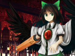 Rule 34 | 1girl, akaiha (akaihagusk), arm cannon, bad id, bad pixiv id, bird wings, black wings, bow, brown hair, cape, closed mouth, dress shirt, feathered wings, frilled shirt collar, frills, green bow, green eyes, green skirt, hair bow, long hair, looking at viewer, puffy short sleeves, puffy sleeves, reiuji utsuho, shirt, short sleeves, skirt, smile, solo, third eye, touhou, upper body, weapon, white shirt, wings