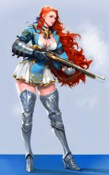 Rule 34 | 1girl, absurdres, arm belt, armband, armor, black choker, black gloves, blue bow, bow, breasts, choker, cleavage, fantasy, full body, gauntlets, gloves, greaves, grey thighhighs, gun, hair bow, highres, holding, holding gun, holding weapon, long hair, long sleeves, medium breasts, mole, mole under mouth, mucuzi, orange eyes, original, parted lips, pouch, red hair, simple background, skirt, solo, thighhighs, very long hair, weapon, white skirt, zettai ryouiki