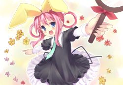 Rule 34 | 10s, 1girl, blue eyes, blush, bow, dress, female focus, frills, gradient background, hair bow, hair rings, magnifying glass, pink hair, ryo (botugo), sherlock shellingford, smile, solo, tantei opera milky holmes, twintails