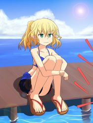 Rule 34 | 1girl, bad proportions, bikini, bikini top only, blonde hair, cato (monocatienus), cloud, day, dock, feet, female focus, green eyes, highres, knees to chest, hugging own legs, lens flare, mizuhashi parsee, pointy ears, ponytail, sandals, sitting, skirt, sky, solo, sun, swimsuit, touhou, water