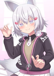 Rule 34 | 1girl, absurdres, animal ears, ao (flowerclasse), black jacket, black shirt, blush, brown pantyhose, closed mouth, colored eyelashes, commentary request, commission, grey eyes, grey hair, hair between eyes, hair ornament, hairclip, hand up, highres, hood, hood down, hooded jacket, jacket, long sleeves, looking at viewer, necktie, pantyhose, phase connect, pleated skirt, puffy long sleeves, puffy sleeves, shirt, short necktie, skirt, smile, solo, striped clothes, striped shirt, sweater vest, tail, tenma maemi, vertical-striped clothes, vertical-striped shirt, virtual youtuber, white necktie, white skirt