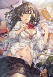 Rule 34 | 1girl, backpack, bag, bed sheet, black hair, black skirt, blush, bottle, bow, bowtie, bra, breasts, cleavage, clothes pull, collared shirt, dress shirt, finger to mouth, flower, groin, hair ornament, hairclip, handbag, hands up, highres, index finger raised, charm (object), lace, lace-trimmed bra, lace trim, large breasts, long hair, long sleeves, looking at viewer, lying, medium breasts, medium hair, miniskirt, mirror, navel, notebook, on back, on bed, open clothes, open mouth, open skirt, original, panties, partially unbuttoned, pen, perfume bottle, pillow, pink bra, pink panties, pleated skirt, red bow, red bowtie, red flower, rose, shirt, shushing, sidelocks, skirt, skirt pull, solo, stomach, stuffed animal, stuffed toy, teddy bear, torino aqua, underwear, white bra, white panties, white shirt, yellow eyes
