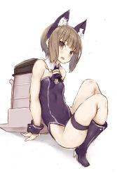 Rule 34 | 1girl, animal ear fluff, animal ears, black footwear, black hairband, black leotard, boots, breasts, brown eyes, brown hair, cat ears, commentary request, detached collar, fake animal ears, full body, hairband, kantai collection, knee boots, knees up, leotard, looking at viewer, open mouth, ryo (tg290), short hair, small breasts, solo, strapless, strapless leotard, thigh strap, wrist cuffs, z3 max schultz (kancolle)