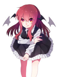 Rule 34 | 1girl, :q, ahoge, bat wings, blush, breast hold, breasts, collared shirt, cowboy shot, detached wings, dress shirt, eyebrows, eyelashes, frilled skirt, frills, hair between eyes, head wings, koakuma, leaning forward, long hair, long sleeves, looking at viewer, necktie, red eyes, red hair, red necktie, renka (sutegoma25), shirt, simple background, skirt, skirt set, solo, tongue, tongue out, touhou, vest, white background, wings