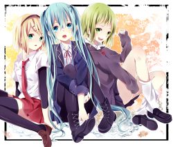 Rule 34 | 3girls, aqua eyes, aqua hair, bad id, bad pixiv id, blonde hair, green eyes, green hair, gumi, hair ornament, hairclip, hatsune miku, kagamine rin, kouko, hugging own legs, loafers, long hair, multiple girls, necktie, open mouth, pantyhose, revision, shoes, short hair, sitting, skirt, socks, sweater, thighhighs, twintails, very long hair, vocaloid