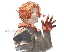 Rule 34 | 1boy, 91007, ;), armor, artist name, breastplate, brown eyes, fire emblem, fire emblem: three houses, fire emblem warriors: three hopes, fur collar, gloves, grin, hair intakes, heart, male focus, nintendo, one eye closed, orange hair, red gloves, short hair, shoulder armor, simple background, smile, solo, sylvain jose gautier, twitter username, upper body, white background