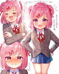 Rule 34 | 1girl, :d, ^ ^, blue skirt, blush, clenched teeth, close-up, closed eyes, collared shirt, commentary request, crossed arms, doki doki literature club, fang, grey jacket, hair ornament, hair ribbon, hairclip, hands on own hips, highres, jacket, long sleeves, looking at viewer, miniskirt, mizukoshi (marumi), multiple views, natsuki (doki doki literature club), nose blush, open mouth, pink eyes, pink hair, red ribbon, ribbon, shirt, short hair, simple background, skin fang, skirt, smile, teeth, translation request, two side up, white background, white shirt, wing collar, x hair ornament