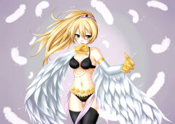 Rule 34 | 1girl, black thighhighs, blonde hair, blush, breasts, claws, cleavage, duel monster, feathered wings, feathers, gradient background, green eyes, harpie dancer, harpy, highres, kazami ren (fuushagoya), long hair, looking at viewer, medium breasts, monster girl, navel, open mouth, ponytail, purple background, solo, thighhighs, white feathers, white wings, winged arms, wings, yu-gi-oh!