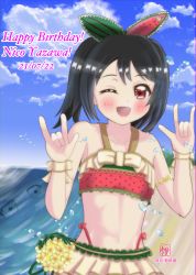 Rule 34 | 1girl, absurdres, artist name, artist request, bare shoulders, beach, bikini, bikini skirt, black hair, blue sky, blush, bow, breasts, cloud, collarbone, day, double m/, female focus, flat chest, food, frilled bikini, frills, fruit, green bow, green ribbon, hair between eyes, hair bow, hair ribbon, highres, long hair, looking at viewer, love live!, love live! school idol festival, love live! school idol project, navel, nico nico nii, ocean, outdoors, parted lips, polka dot, polka dot bikini, polka dot ribbon, red bikini, red bow, red eyes, red ribbon, ribbon, short hair, short twintails, sidelocks, sky, small breasts, smile, solo, swimsuit, twintails, watermelon, yazawa nico