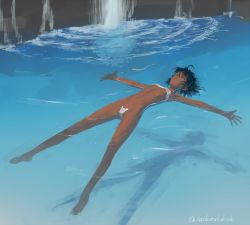 Rule 34 | 1990s (style), 1girl, afloat, bandeau, barefoot, bikini, black hair, blue theme, breasts, c-string, closed eyes, dark-skinned female, dark skin, full body, fushigi no umi no nadia, messy hair, nadeara bukichi, nadia la arwall, outstretched arms, retro artstyle, shadow, short hair, small breasts, solo, spread arms, spread legs, strapless, strapless bottom, swimming, swimsuit, tube top, twitter username, water, waterfall, white bandeau