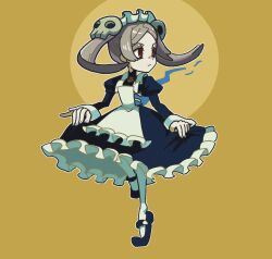 Rule 34 | 1girl, apron, bloody marie (skullgirls), brooch, dress, fire, frilled apron, frilled dress, frills, full body, grey hair, hair ornament, jewelry, juliet sleeves, kuroirozuki, long sleeves, maid headdress, mary janes, pantyhose, puffy sleeves, red eyes, shoes, skull hair ornament, skullgirls, solo, twintails, yellow background