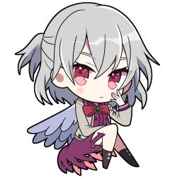 Rule 34 | 1girl, angel wings, blush, bow, chibi, closed mouth, expressionless, full body, grey hair, highres, kishin sagume, long sleeves, looking at viewer, red bow, red eyes, short hair, solo, touhou, transparent background, wings, yoriteruru