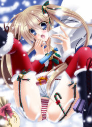 Rule 34 | bad id, bad pixiv id, bag, bell, blonde hair, blue eyes, blush, boots, candy, candy cane, food, garter straps, gift, hair ribbon, highres, kirihara natsuki, panties, ribbon, snow, solo, striped clothes, striped panties, thighhighs, twintails, underwear