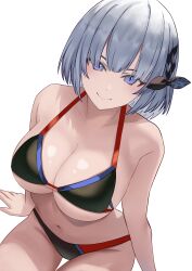 Rule 34 | 1girl, absurdres, alternate hair length, alternate hairstyle, bikini, black bikini, black ribbon, blunt bangs, blush, breasts, cleavage, closed mouth, collarbone, commentary, english commentary, grey hair, groin, hair ribbon, highres, hololive, hololive indonesia, large breasts, looking at viewer, midriff, navel, purple eyes, ribbon, short hair, si farid, sitting, smile, solo, swimsuit, upper body, vestia zeta, virtual youtuber, white background