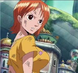 Rule 34 | 1girl, brown eyes, bubble, building, female focus, injury, jewelry, lowres, nami (one piece), necklace, one piece, orange hair, ruins, sabaody archipelago, shirt, short hair, solo, standing, t-shirt, yellow shirt