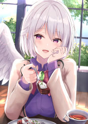 Rule 34 | 1girl, :d, absurdres, angel wings, backlighting, beige jacket, bow, bowtie, breast rest, breasts, brooch, cake, cake slice, cup, day, dress, feathered wings, food, fork, hair between eyes, hand on own cheek, hand on own face, hand up, highres, holding, holding fork, incoming food, indoors, jacket, jewelry, kishin sagume, large breasts, light blush, long sleeves, looking at viewer, niko kusa, open clothes, open jacket, open mouth, pink eyes, plate, purple dress, red bow, red bowtie, short hair, silver hair, single wing, smile, solo, table, tea, touhou, tree, window, wing collar, wings, wooden floor