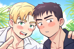 Rule 34 | 2boys, ao isami, black hair, blonde hair, blush stickers, brown eyes, collarbone, facial hair, green eyes, hand on another&#039;s shoulder, highres, lewis smith, looking at viewer, male focus, multiple boys, open mouth, palm leaf, pointing, pointing at viewer, portrait, short hair, sideburns stubble, stubble, wasted m9, yuuki bakuhatsu bang bravern