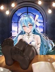 Rule 34 | 1girl, absurdres, bare shoulders, blue hair, blush, book, braid, breasts, easonx, feet, feet on table, hair between eyes, hair ribbon, highres, indoors, looking at viewer, no shoes, open book, pantyhose, parted lips, pink hair, ribbon, small breasts, soles, solo, table, wooden table
