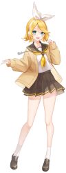Rule 34 | absurdres, aqua eyes, blonde hair, bow, brown cardigan, brown footwear, cardigan, contrapposto, hair bow, hair ornament, hairclip, headphones, headset, highres, index finger raised, kagamine rin, miniskirt, neckerchief, open cardigan, open clothes, pleated skirt, pointing, pointing up, sailor collar, school uniform, shireru illust, shoes, short hair, skirt, socks, vocaloid, yellow nails, yellow neckerchief