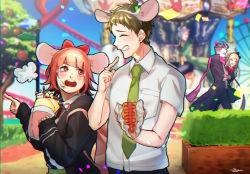 Rule 34 | 2girls, 3boys, amusement park, animal ears, bad arm, baru (bar 0405), black coat, black jacket, black shirt, blonde hair, blurry, blurry background, blush, bow, breast pocket, carousel, coat, collared shirt, commentary request, cream, cream on face, crepe, danganronpa (series), danganronpa 2: goodbye despair, day, depth of field, fake animal ears, food, food on face, food request, green coat, green neckwear, grey hair, grin, hair bow, hair ornament, hinata hajime, hood, hood down, jacket, komaeda nagito, long hair, long sleeves, looking at another, mouse ears, multiple boys, multiple girls, nanami chiaki, necktie, open clothes, open jacket, open mouth, outdoors, pink scarf, pocket, pointing, red bow, roller coaster, scarf, shirt, shirt tucked in, short hair, smile, sonia nevermind, tanaka gundham, teeth, two-tone shirt, usami (danganronpa), white shirt