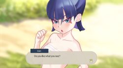 Rule 34 | 1girl, bare arms, blue eyes, blue hair, blunt bangs, blurry, blurry background, blush, breasts, character name, chest sarashi, cleavage, coin (pokemon), collarbone, commentary request, creatures (company), day, dialogue box, english text, eyeshadow, facepaint, game freak, gazing eye, grass, hand up, highres, looking at viewer, makeup, nintendo, outdoors, pokemon, pokemon legends: arceus, prostitution, sarashi, short hair, solo, upper body