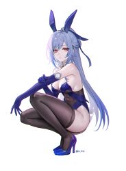 Rule 34 | 1girl, :|, alternate costume, animal ears, arm on knee, bare shoulders, black thighhighs, blue footwear, blue gloves, blue hair, breasts, brown thighhighs, cleavage, closed mouth, covered navel, detached collar, elbow gloves, expressionless, fake animal ears, fake tail, from side, full body, garter straps, gloves, grey hair, hair ornament, half updo, hand on own elbow, high heels, highleg, highleg leotard, highres, holding own arm, honkai: star rail, honkai (series), jingliu (honkai: star rail), large breasts, leotard, long hair, looking at viewer, medium breasts, pink eyes, playboy bunny, purple footwear, purple gloves, purple leotard, rabbit ears, rabbit tail, red eyes, rity, sideboob, sidelocks, simple background, solo, squatting, strapless, strapless leotard, tail, thighhighs, thighs, twitter username, very long hair, white background