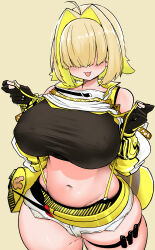 Rule 34 | 1girl, :d, absurdres, ahoge, akure ekuto, black gloves, black sports bra, blonde hair, blush, breasts, clothes lift, clothing cutout, covered erect nipples, crop top, crop top overhang, cropped sweater, curvy, elegg (nikke), exposed pocket, fang, fingerless gloves, gloves, goddess of victory: nikke, grey shorts, hair intakes, hair over eyes, highres, huge breasts, large breasts, long bangs, long sleeves, micro shorts, multicolored clothes, multicolored gloves, multicolored hair, navel, covered erect nipples, open mouth, plump, purple eyes, short hair, shorts, shoulder cutout, skindentation, smile, solo, sports bra, suspender shorts, suspenders, thick thighs, thigh strap, thighs, two-tone hair, wide hips, yellow gloves